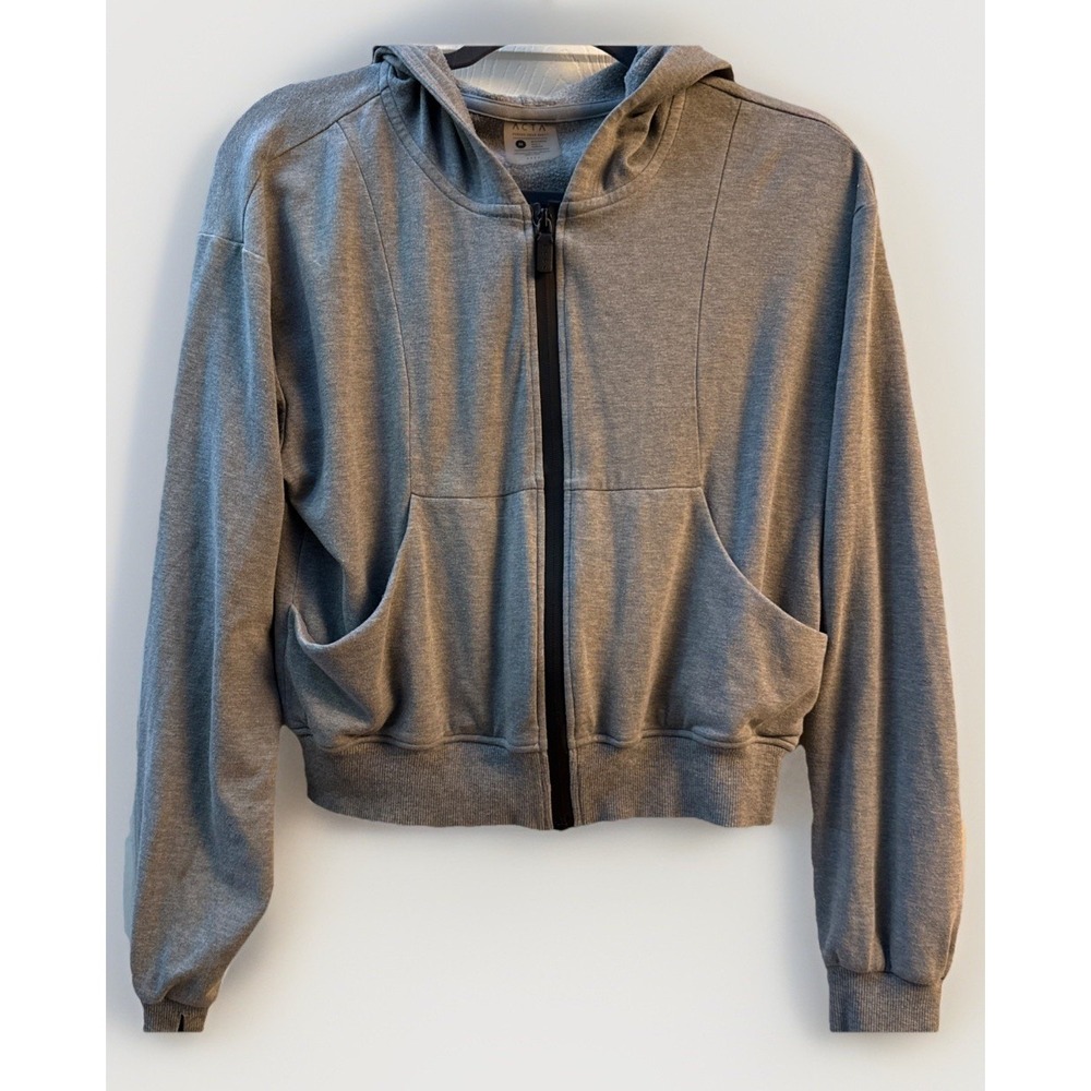 ACTA Womens Medium Hoodie Zip Up Gray Cropped Long‎ Puff Sleeve Thumb Holes